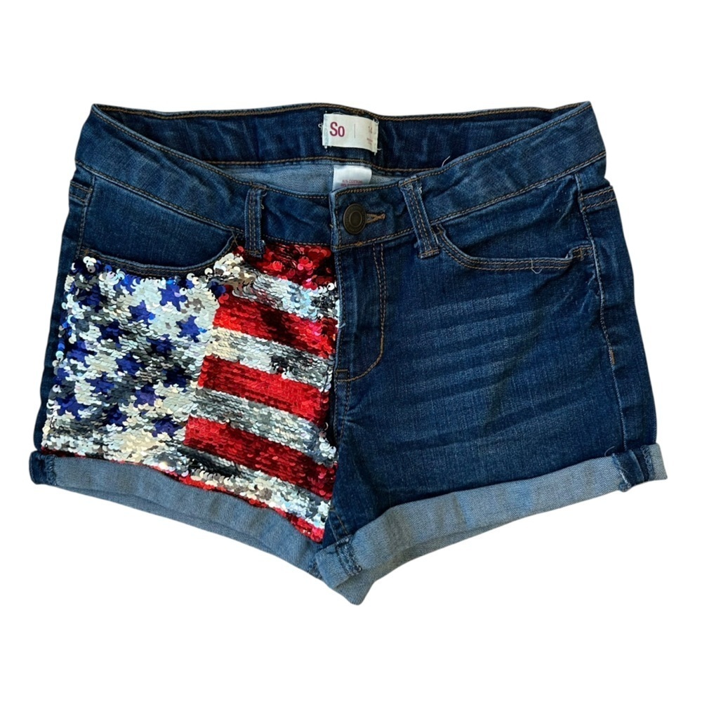 SO Blue and Red Jean Shorts with Patriotic Design